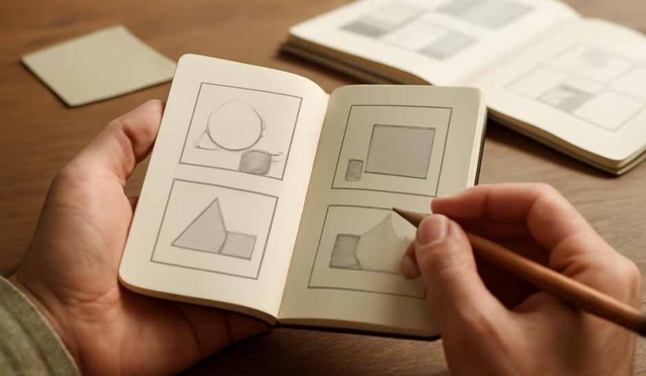 Pocket-sized thumbnail sketches showing large central shapes with smaller supporting shapes to convey hierarchy