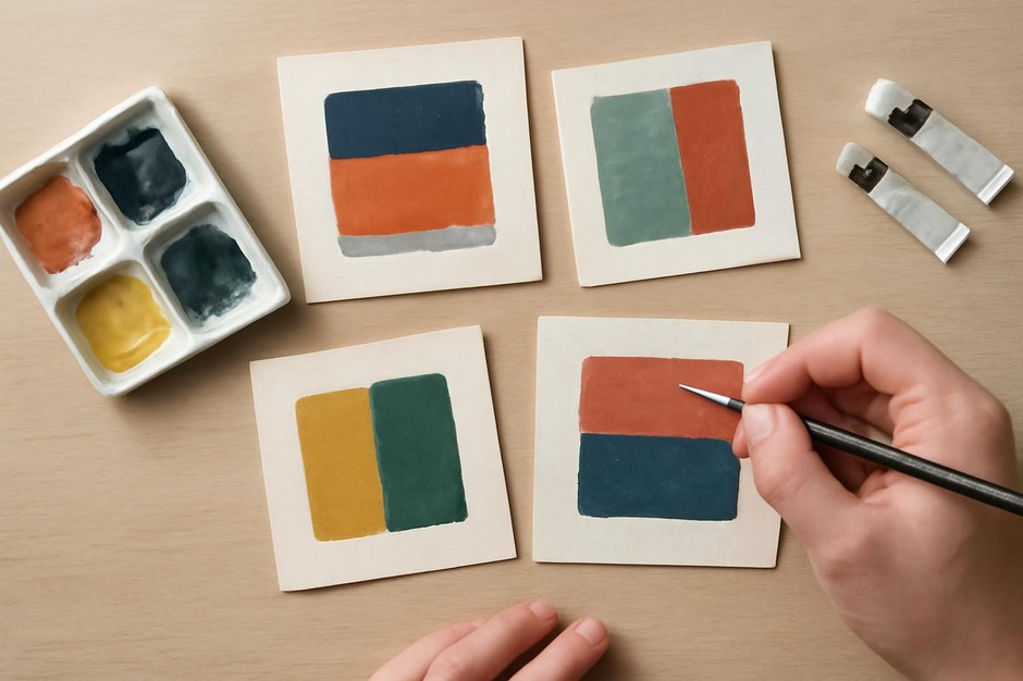 Small coloured thumbnail studies using two or three colours to test balance and emphasis