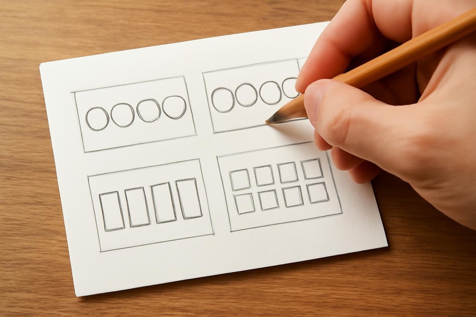 Small thumbnail sketches showing repeated circular and rectangular shapes arranged to suggest rhythm