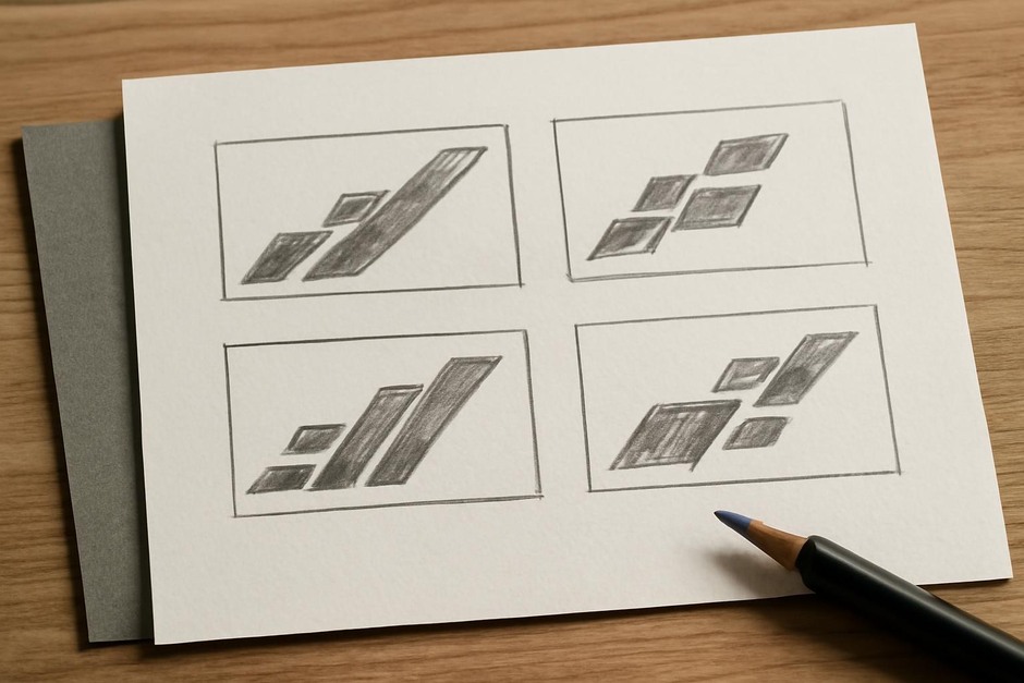 Thumbnail sketches with diagonal bars and staggered blocks suggesting motion from left to right