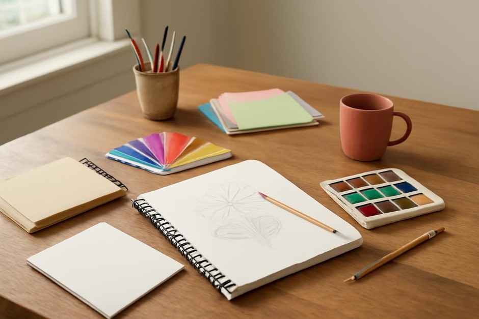 Abstract art desk with color swatches, brush marks, and sketchbook studies.