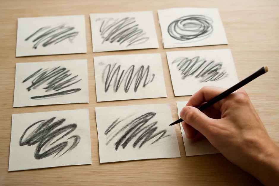 Rapid thumbnail sketches showing bold, varied marks and gestural strokes creating rhythm