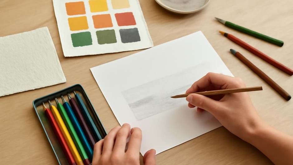 Bright studio image with paint textures, paper layers, and geometric color blocks.